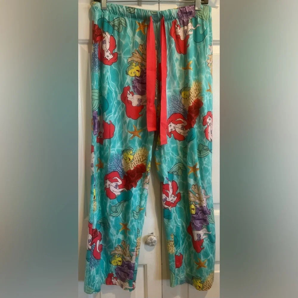 🧜‍♀️ Ariel 🐚 Teal Pajama Pants w Red Drawstring - Disney, 100% Cotton - Picture 2 of 8